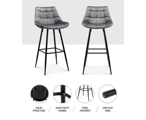 Lara Bar Stools Velvet Grey Set of 2 - Image 3