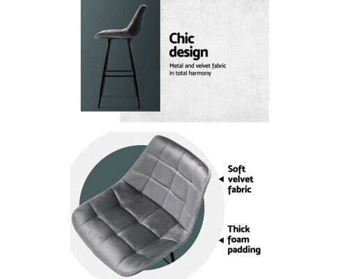 Lara Bar Stools Velvet Grey Set of 2 - Image 4